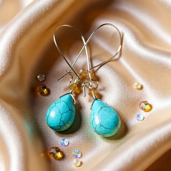 Boho Gypsy Sisters Jewelry - Handmade! Aqua Howlite & Crystal Dangle Earrings • Boho Beachy Spring Vibes